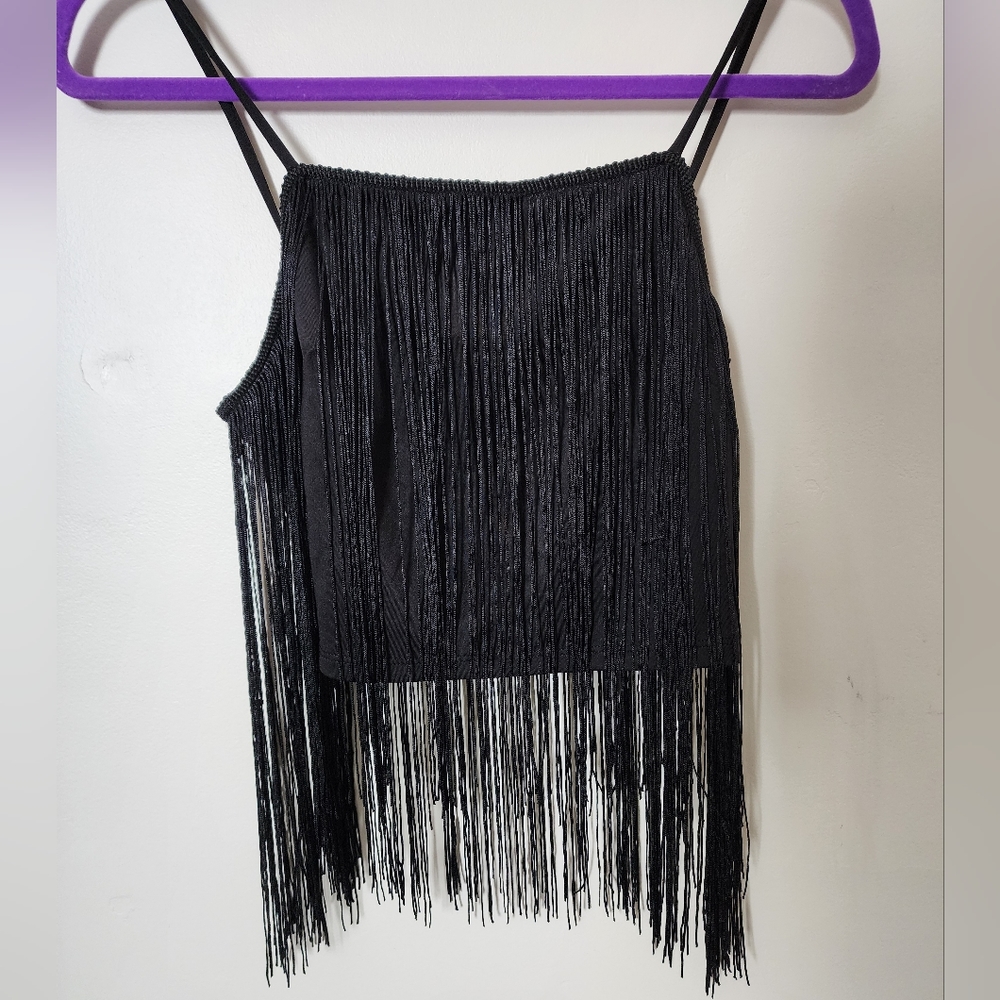 Boho black tassle crop tank top S